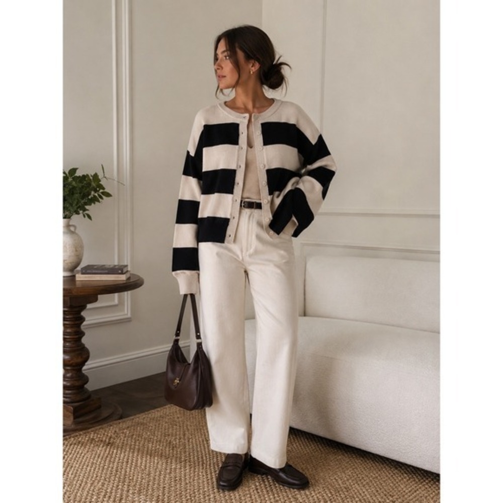 Pink‎ Rose Black Cream Striped Cropped Cardigan Sweater Size Large Preppy